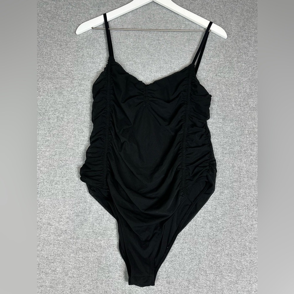 Topshop Bodysuit Womens US 14 Black Ruched One Piece Snap Closure New Tags